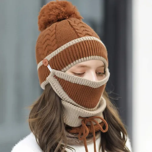 Vista 6 de Gorro de punto de invierno con bufanda y cubierta facial, guantes de pantalla táctil para mujer, gorro de calavera con pompón y forro polar