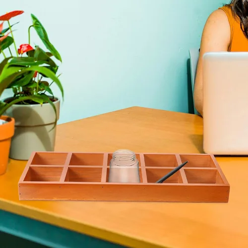 Vista 7 de Organizador dividido de madera, bandeja de clasificación de madera, pantalla de rejilla, bandeja rectangular de madera dividida con 10 secciones