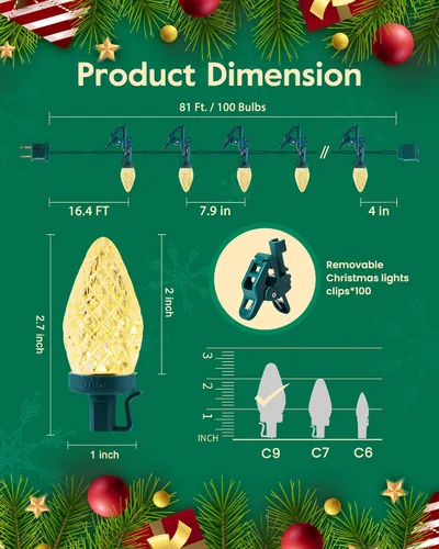 Vista 7 de Luces de Navidad C9 para exteriores con 100 clips de resorte de 65 pies, 100 LED, cadena de luces C9 impermeable conectable para casa, techo, patio