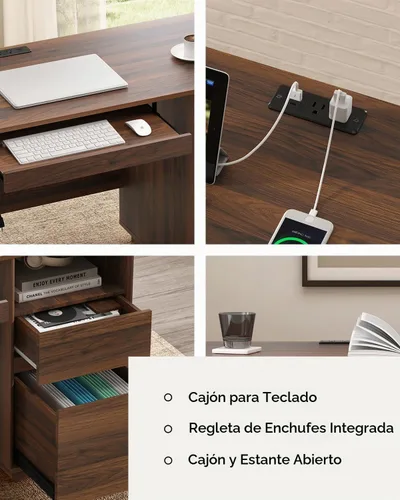 Vista 3 de Escritorio ejecutivo de 47 pulgadas con cajón de archivos, escritorio de computadora de granja con estación de carga y compartimento
