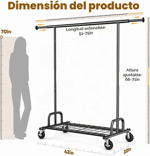 Vista 7 de HOKEEPER Perchero de Ropa Plegable Perchero de Ropa Plegable Capacidad 525 LBS Percheros de Ropa con Ruedas Resistente Perchero Rodante para Colgar