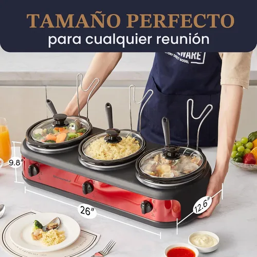 Vista 5 de Elite Gourmet EWMST-325R - Servidor de buffet de triple olla de cocción Rojo