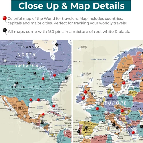 Vista 7 de Lienzo - Mapa de viaje personalizado del mundo Tan Oceans con chinchetas y marco blanco texturizado