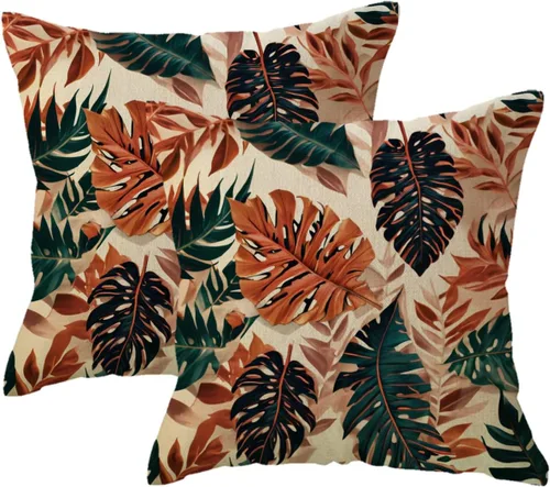 Vista 10 de Juego de 2 fundas de almohada de hojas de Monstera con diseño de hojas de palmera tropical, con temática botánica, fundas de almohada decorativas