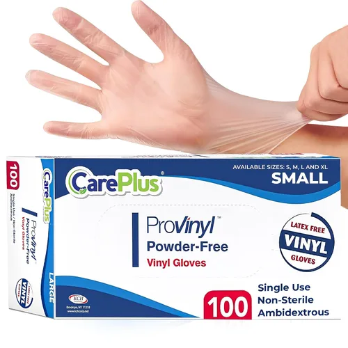 Vista 13 de CARE PLUS Pro - Guantes de vinilo transparentes de tamaño pequeño, 100 unidades Sin látex, sin polvo, resistentes, no estériles, Guantes