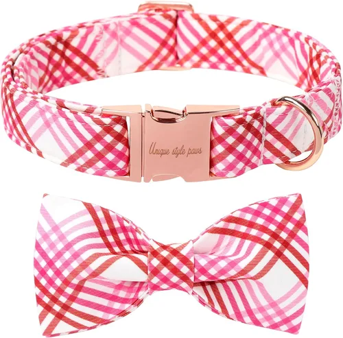 Vista 34 de Unique style paws Collar de perro de algodón con lazo, collar para cachorro con cuadrícula negra y azul para perros pequeños, medianos y grandes