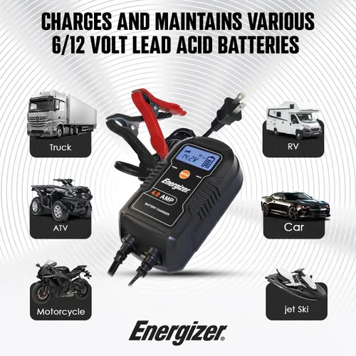Vista 2 de ENERGIZER Cargador automático de 4 amperios, 6 V/12 V, mantenedor de batería inteligente de 9 pasos, cargador de goteo con pantalla LCD