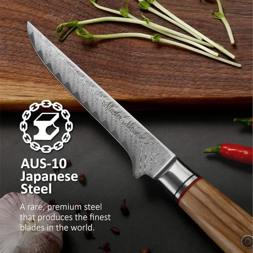 Vista 4 de Master Maison Cuchillo de filete de acero de Damasco de 6 pulgadas con mango de espiga completa, funda, piedra de afilar, caja de almacenamiento