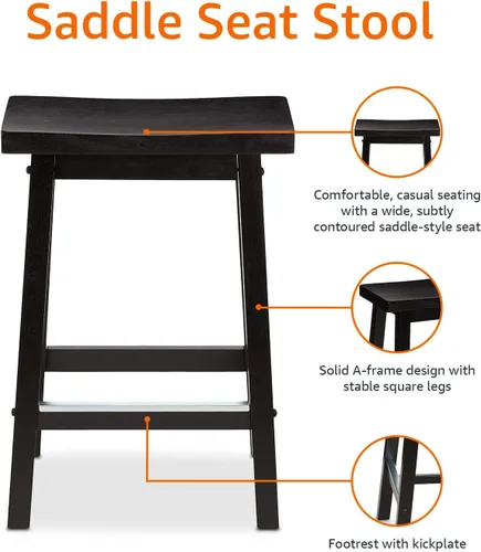 Vista 5 de Amazon Basics Taburetes de bar de madera maciza para isla de cocina con reposapiés, 24 pulgadas de altura, negro, juego de 2
