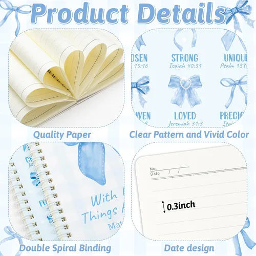 Vista 3 de Xqumoi - Paquete de 2 cuadernos en espiral A5 azules con lazo coqueto, cuadernos religiosos, versos bíblicos motivacionales, cuadernos de escritura