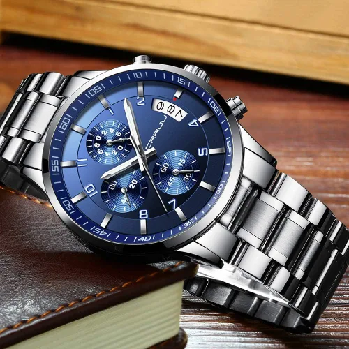 Vista 4 de CRRJU - Reloj de pulsera de acero inoxidable para hombre resistente al agua cronógrafo correa de acero inoxidable