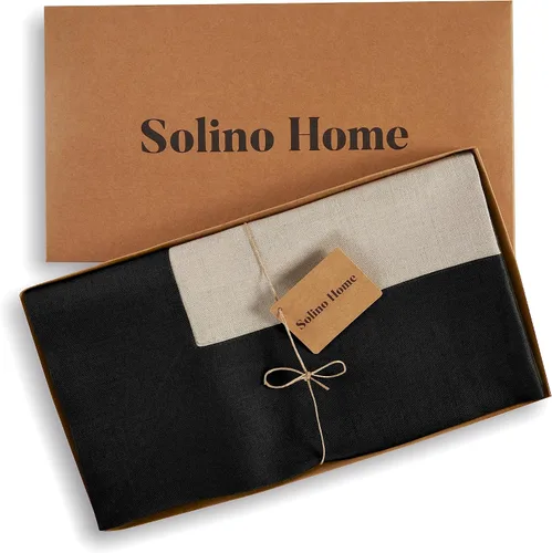 Vista 3 de Solino Home Mantel 100% lino, 60 x 120 in, borde negro y natural