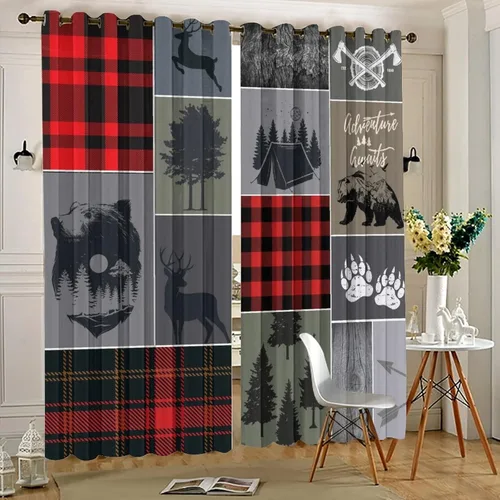 Vista 5 de Cortinas opacas rústicas de cabaña con osos y ciervos - Juego de cortinas de ventana con ojales de temática de granja abstracta, caza, animal