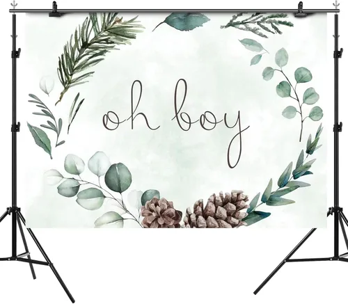 Vista 2 de Telón de fondo Oh Boy de 7 x 5 pies con vegetación para baby shower, fondo de fotografía de Navidad, hojas verdes, eucalipto botánico, decoración