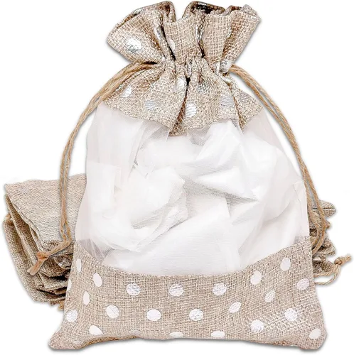 Vista 27 de TheDisplayGuys para tu vida moderna - Paquete de 12 bolsas de regalo pequeñas de arpillera de lino y organza con cordones (8.9x14 cm, gris)