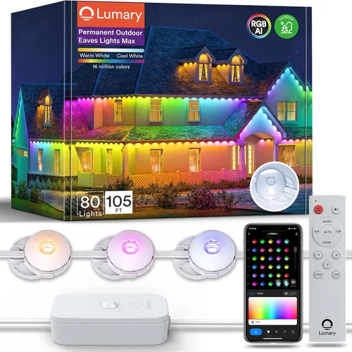 Vista 11 de Luces exteriores permanentes Lumary Max 53 pies con 40 luces de cornisa LED RGBAICW 2400LM, IP67 impermeable, control IC y modos de escena