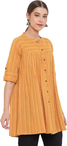 Vista 5 de Janasya Indian - Túnica de algodón tejido mostaza para mujer