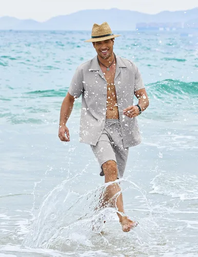 Vista 3 de COOFANDY Conjunto de camisa de 2 piezas para hombre, ajuste regular, manga corta, con botones, informal, para playa, pantalones cortos