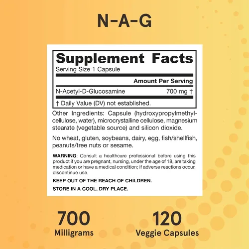 Vista 6 de Jarrow Formulas N-A-G 700 mg, N-acetil glucosamina, forma acetilada de glucosamina para soporte óseo y articular, 120 cápsulas vegetales, hasta 120
