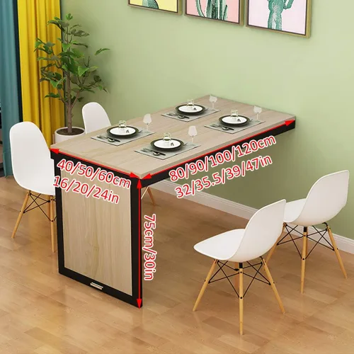 Vista 2 de Mesa plegable invisible montada en la pared de madera maciza, mesa de comedor flotante de color nogal, escritorio de computadora multifunción, mesas
