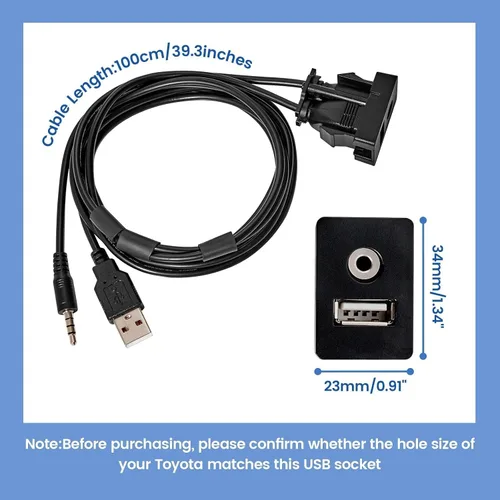 Vista 2 de Anina USB AUX Montaje empotrado para Toyota, cable de extensión AUX de 0.138 in para salpicadero de automóvil macho a hembra, adaptador de enchufe