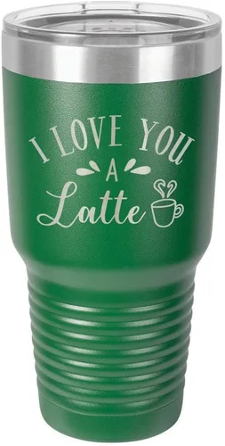 Vista 14 de Taza de viaje de acero con recubrimiento de polvo grabado con láser, con texto en inglés "I Love You A LATTE Engraved Tumbler", sin BPA