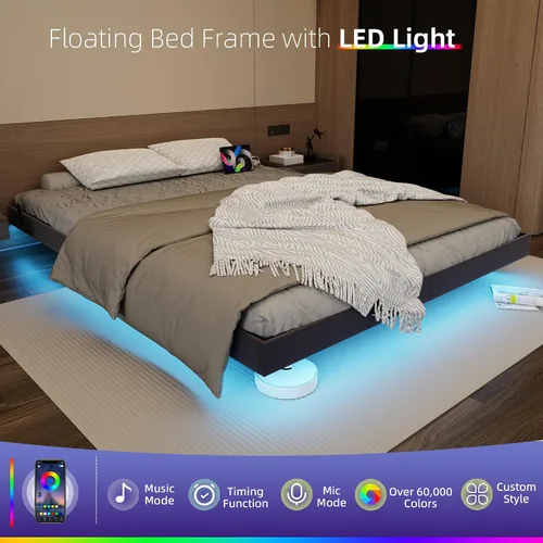 Vista 3 de Base de cama flotante de tamaño matrimonial con luces LED y estación de carga, marco de cama de plataforma de metal sintético negro, fácil montaje