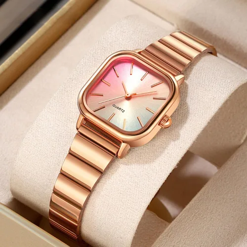 Vista 6 de Womens Ladies' Ultra Thin Watch with Rainbow Gradient Dial Gold-Tone Square Case and Bracelet Quartz Movement
