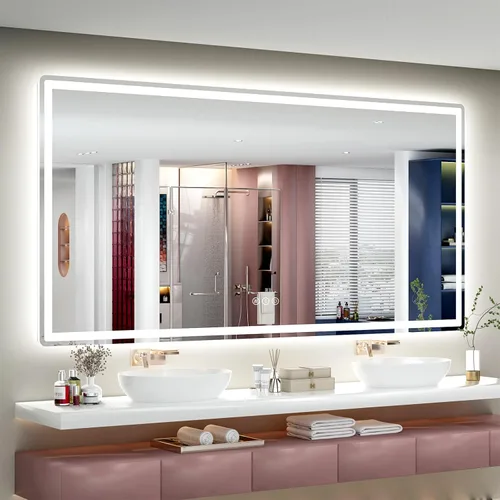 Vista 23 de SMIROR Espejo de baño LED con luces de 22" x 30", espejo de tocador rectangular redondeado iluminado para pared, iluminado frontal y retroiluminado