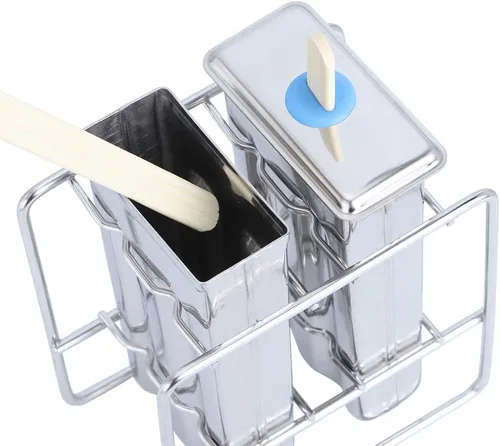 Vista 6 de Molde de paletas de acero inoxidable, moldes para paletas de hielo con estante, 55 palitos de bambú, cepillo de limpieza, 10 bolsas de burbujas (A)