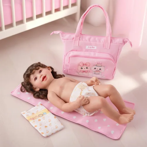 Vista 7 de BABESIDE Juego de 5 Piezas de Bolsa de Pañales para Muñecas de Bebé, Lindos Patrones de Gato, Accesorios para Muñecas de Bebé con Bolsa de Pañales