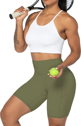 Vista 7 de Sunzel Pantalones cortos de ciclismo sin costuras frontales para mujer con bolsillos, pantalones cortos de yoga, entrenamiento, gimnasio, ciclismo
