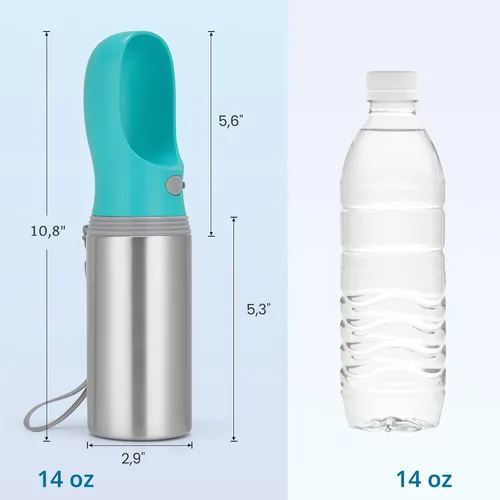 Vista 5 de Botella de agua portátil para perros, 14 onzas, dispensador de agua de acero inoxidable a prueba de fugas para cachorros con alimentador