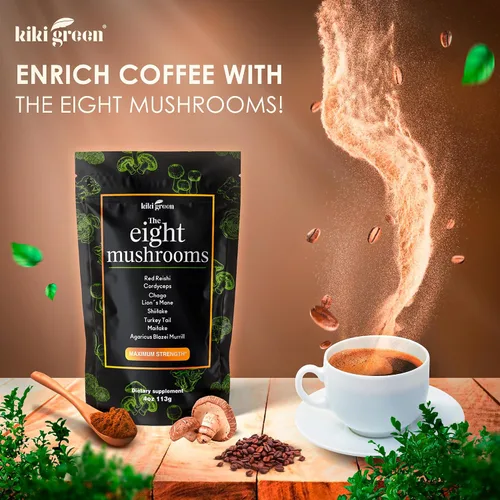 Vista 3 de KIKI Green Paquete de 8 hongos y polvo Shroomo – Complejo adaptogénico de hongos y alternativa de café de hongos para concentración, energía