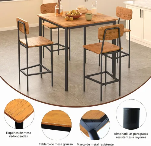 Vista 7 de Juego de mesa de comedor para 4, mesa de cocina de 5 piezas con sillas, juego de comedor industrial resistente que ahorra espacio para pub, cenas
