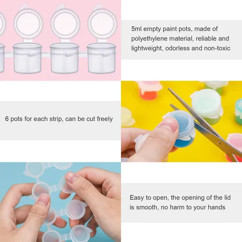 Vista 6 de YGAOHF 15 tiras 90 macetas de pintura vacías, 0.2 fl oz/0.17 onzas, macetas grandes vacías con tapas, contenedor de pintura acrílica fácil de abrir