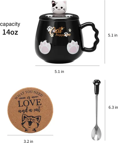 Vista 7 de Bgbg Linda Taza de Gato, Taza de Café Té Leche de Cerámica con Tapa de Gatito Adorable, Cuchara de Garra Kawaii, Alfombrilla de Anime, Cosas