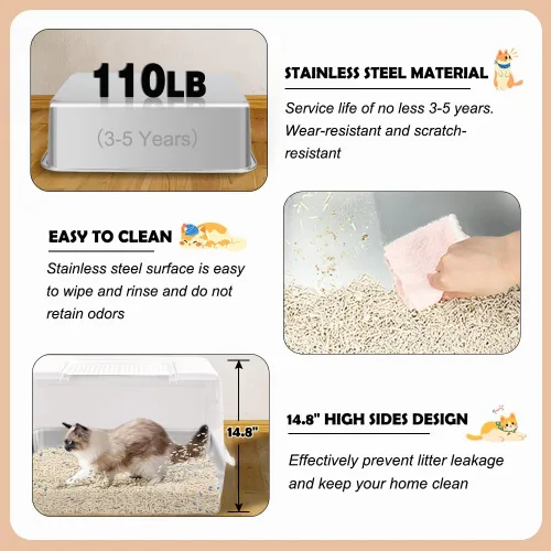 Vista 5 de Vivifying XL Enclosed Stainless Steel Cat Litter Box with Lid, White