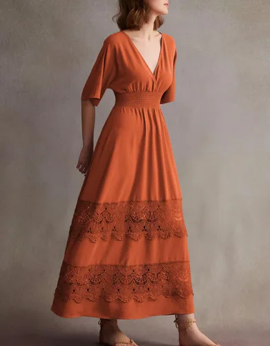 Vista 3 de Vestido largo de encaje para mujer de manga corta y cuello en V, vestido de fiesta estilo bohemio con cintura fruncida, vestido bohemio para mujer