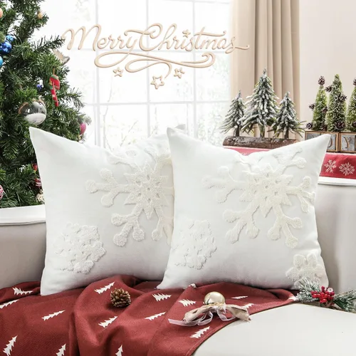 Vista 12 de Lewondr - Fundas de almohada navideñas con copo de nieve de 20 x 20 pulgadas, color blanco y amarillo Velvet Texture, Exquisite Embroidery