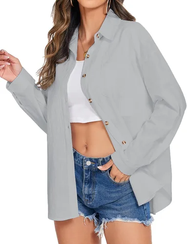 Vista 3 de HOTOUCH Camisa de algodón con botones para mujer, casual, manga larga, ajuste holgado, cuello de lino, blusa de trabajo con bolsillo