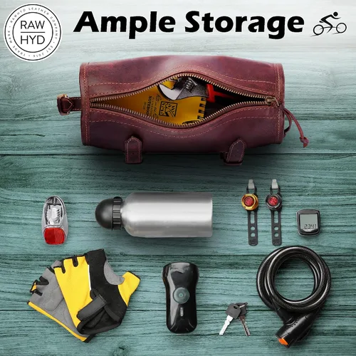 Vista 5 de RAW HYD Bolsa de manillar de cuero de grano completo para bicicletas y motocicletas – Bolsa de herramientas de bicicleta de estilo vintage