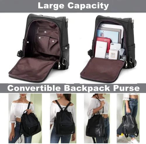 Vista 3 de Oyifan Mochila de cuero para mujer, bolsa convertible, mochila de viaje, Talla Mediana Vintage Negro, Mochilas de viaje