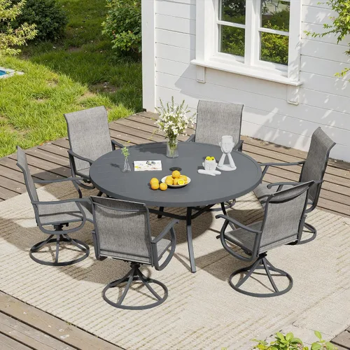 Vista 21 de VICLLAX Muebles pequeños de exterior de 3 piezas, 2 sillas giratorias de patio y mesa redonda pequeña para 2, sillas de carbón oscuro y negro