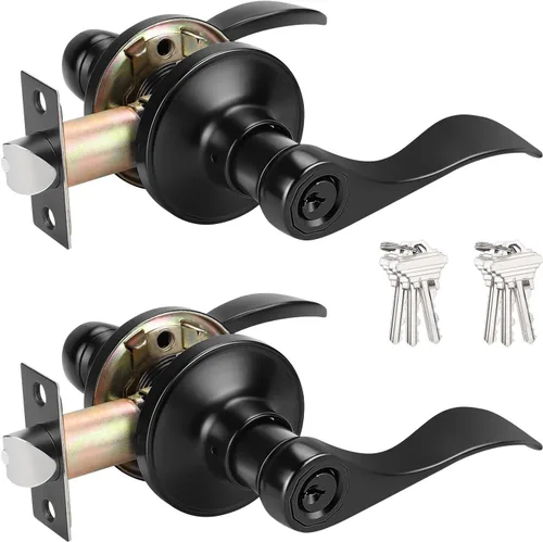 Vista 18 de Probrico Manijas de puerta de entrada de color negro mate con diferentes llaves, manijas de puerta de estilo ondulado para puertas interiores