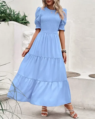 Vista 11 de BTFBM Vestidos para mujer, cuello redondo, casual, de verano, con volantes, manga corta, bohemio, con niveles, fruncido, largo, con estampado floral