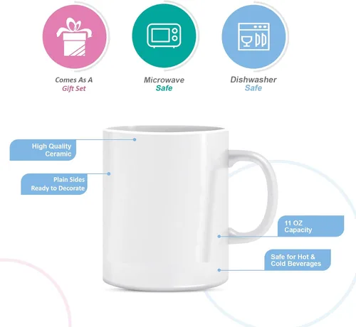 Vista 4 de BLUE RIBBON Tazas de café en blanco de sublimación blanca, chocolate caliente, tazas de cerámica, cacao caliente, juegos de tazas, paquete de regalo