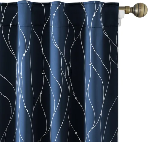 Vista 12 de HOMEIDEAS Cortinas opacas de color gris claro de 52 x 96 pulgadas de largo, 2 paneles de línea ondulada plateada con puntos impresos, pestaña