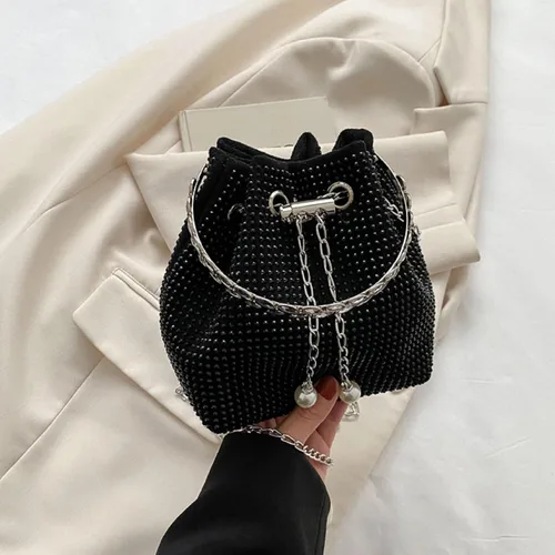 Vista 8 de Bolso de mano de noche con diamantes de imitación para mujer, con cordón brillante, bolso de hombro cruzado para baile de graduación