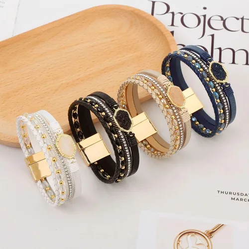 Vista 6 de Jewbelet - Pulsera de cuero estilo bohemio con cuentas de cristal con cierre de joyería para mujer